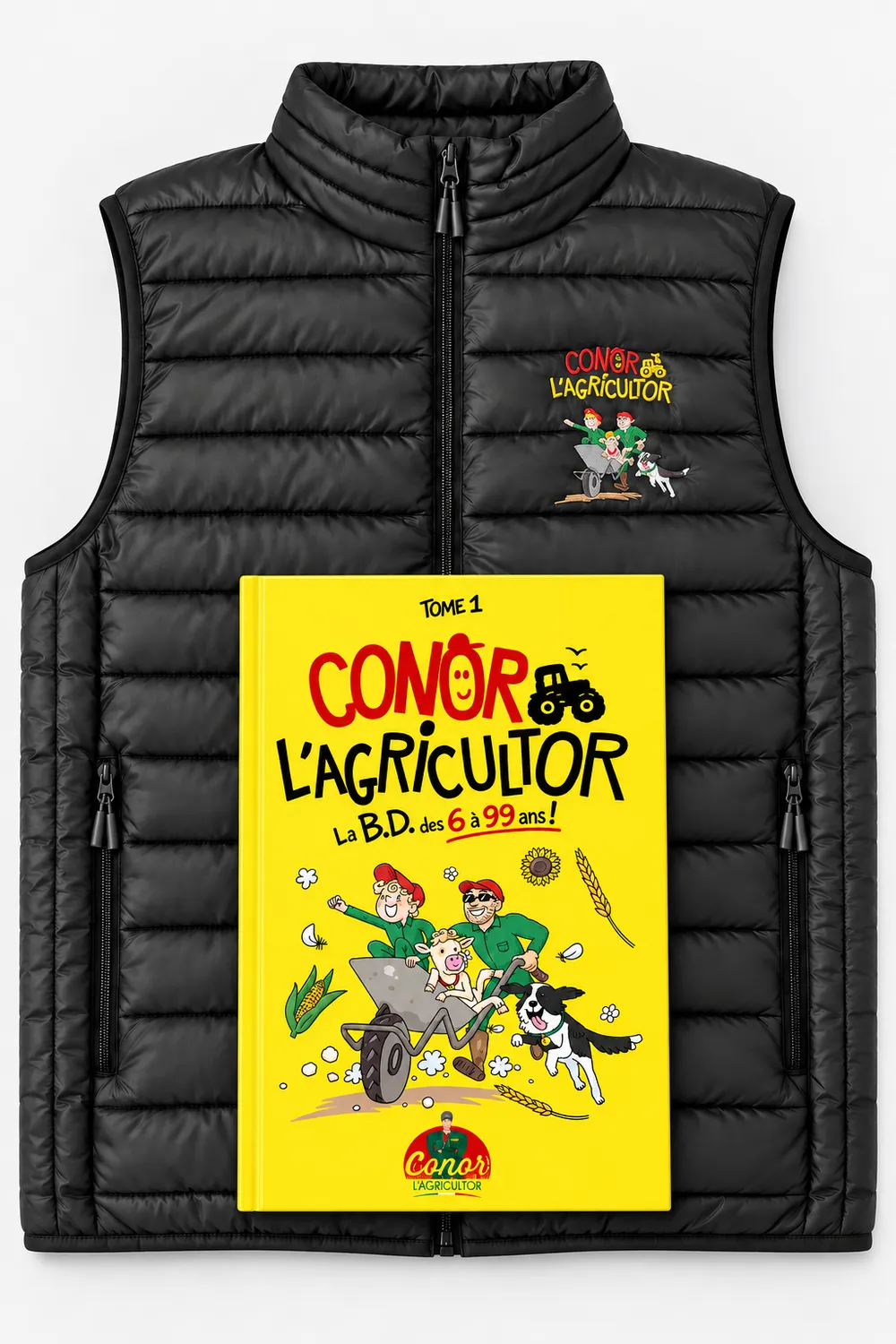 Pack BD + Doudoune noire pour adulte brodée motif BD Conor l'Agricultor