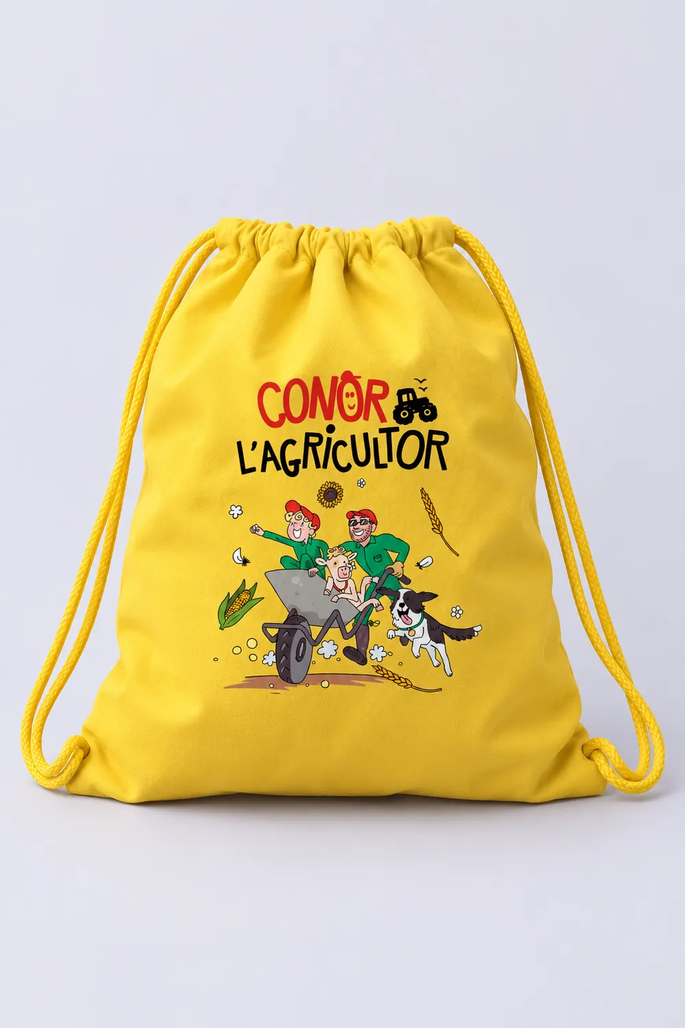 Sac jaune coton floqué motif BD Conor l'Agricultor