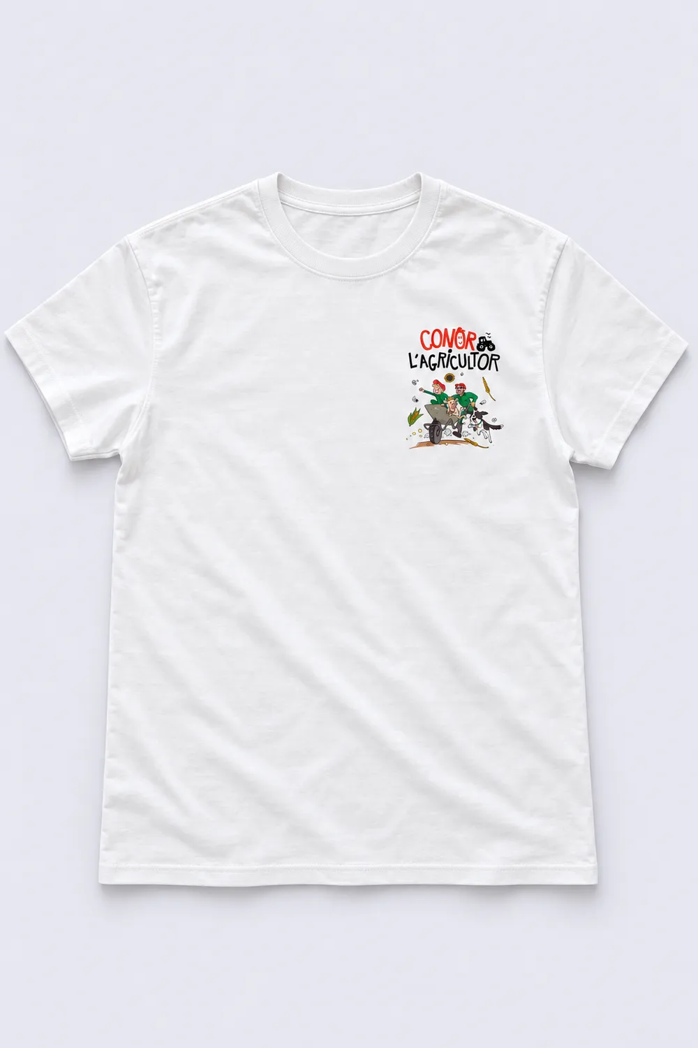 T-shirt enfant blanc floqué avec le motif BD Conor l'Agricultor | Cotte Cot