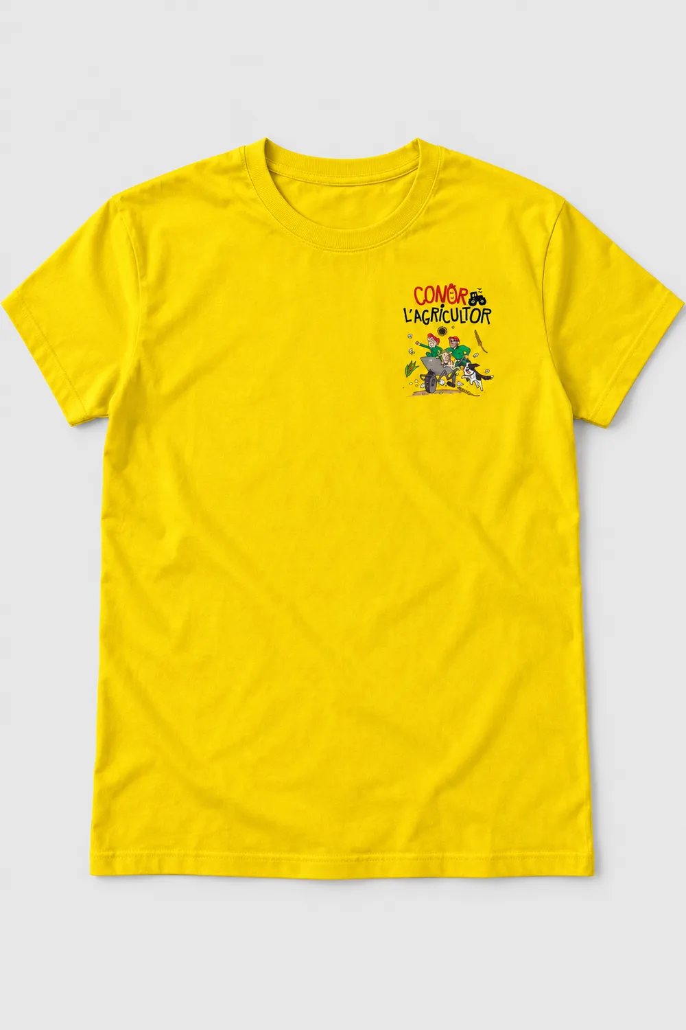 T-shirt enfant jaune floqué avec le motif BD Conor l'Agricultor | Cotte Cot