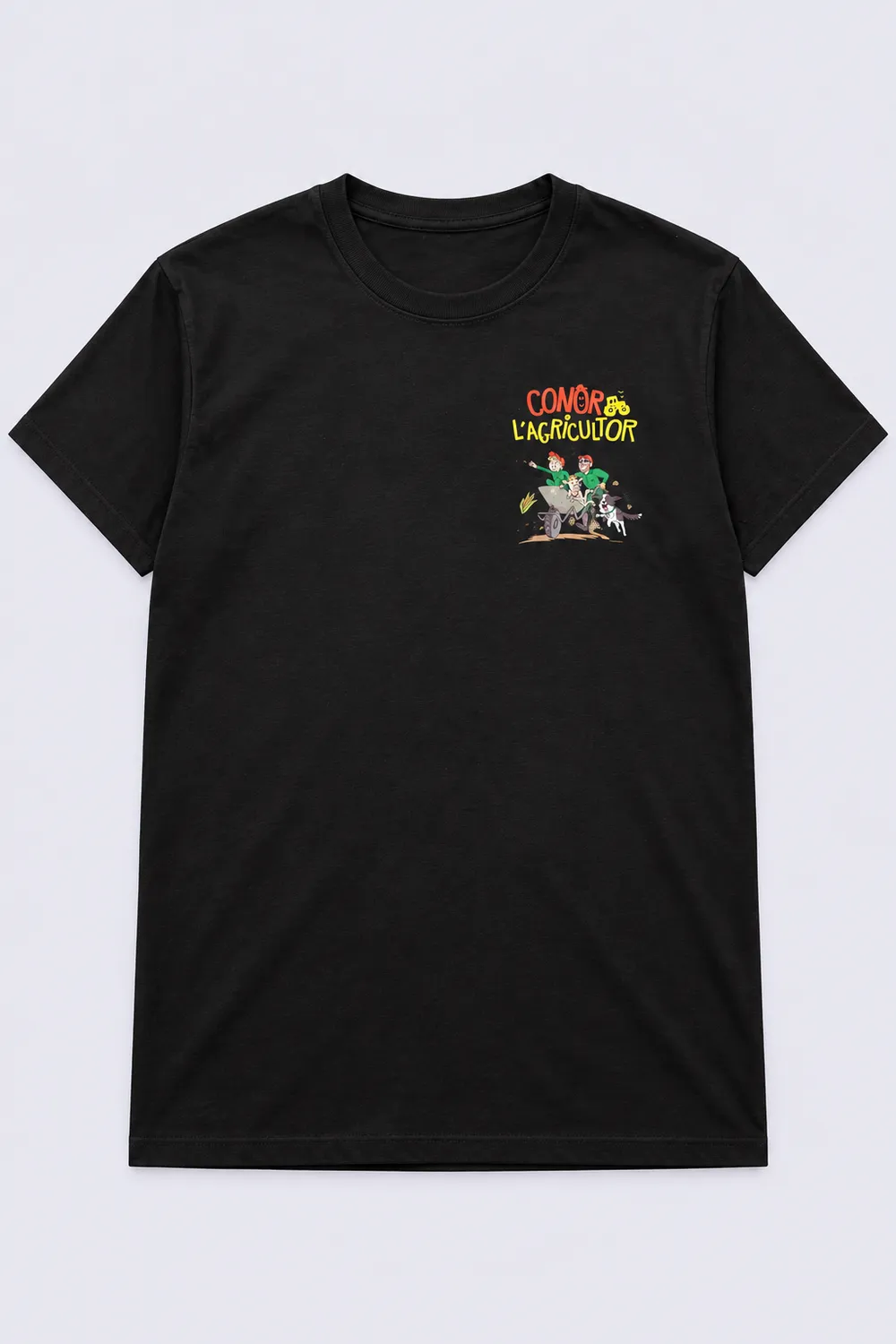 T-shirt noir enfant floqué avec le motif BD Conor l'Agricultor | Cotte Cot