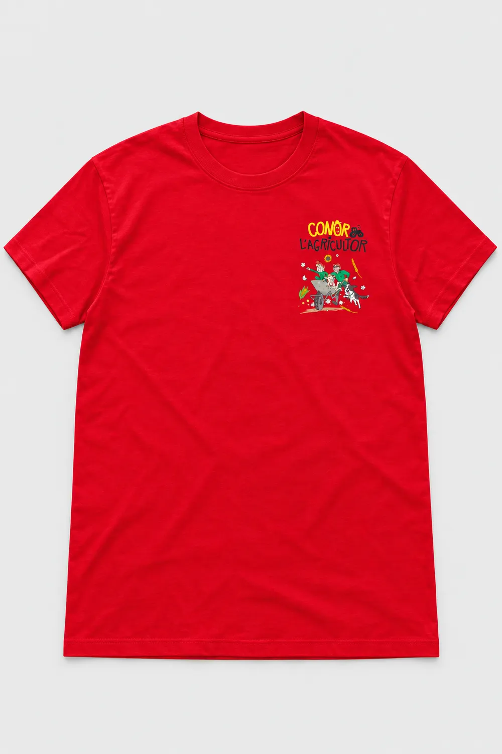 T-shirt rouge enfant floqué avec le motif BD Conor l'Agricultor | Cotte Cot
