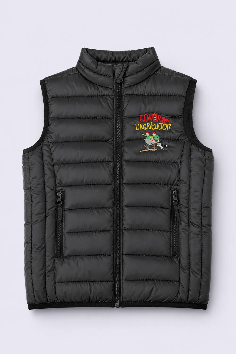 Doudoune noire pour enfant brodée avec le motif BD Conor l'Agricultor