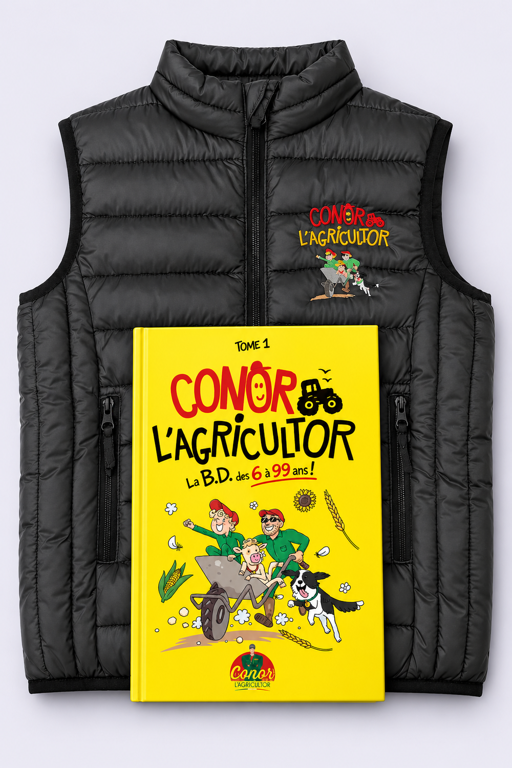 Pack BD + Doudoune noire pour enfant brodée motif BD Conor l'Agricultor