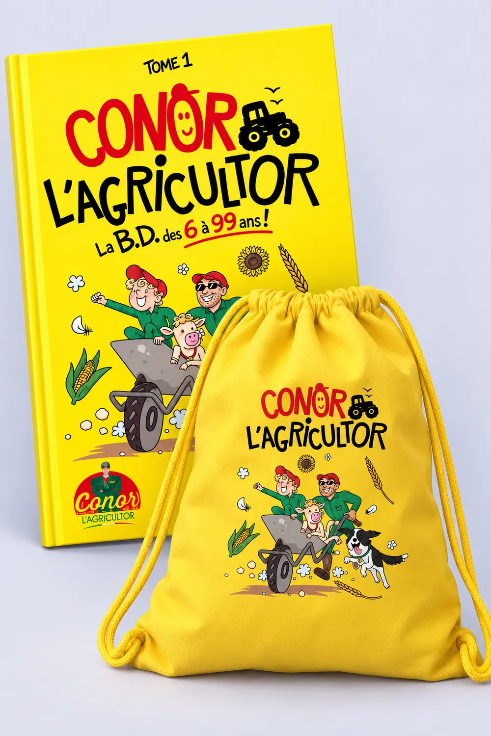 Pack BD + Sac jaune coton floqué motif Conor l'Agricultor